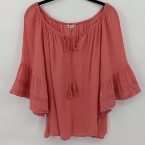 Lucky Brand pink blouse, boho hippie style with lace accents, tassels, Size S.